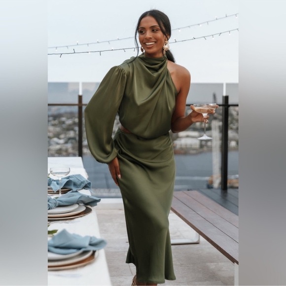 Petal & Pup Amelie One Shoulder Satin Maxi Dress Olive Green Size Large - Picture 5 of 12